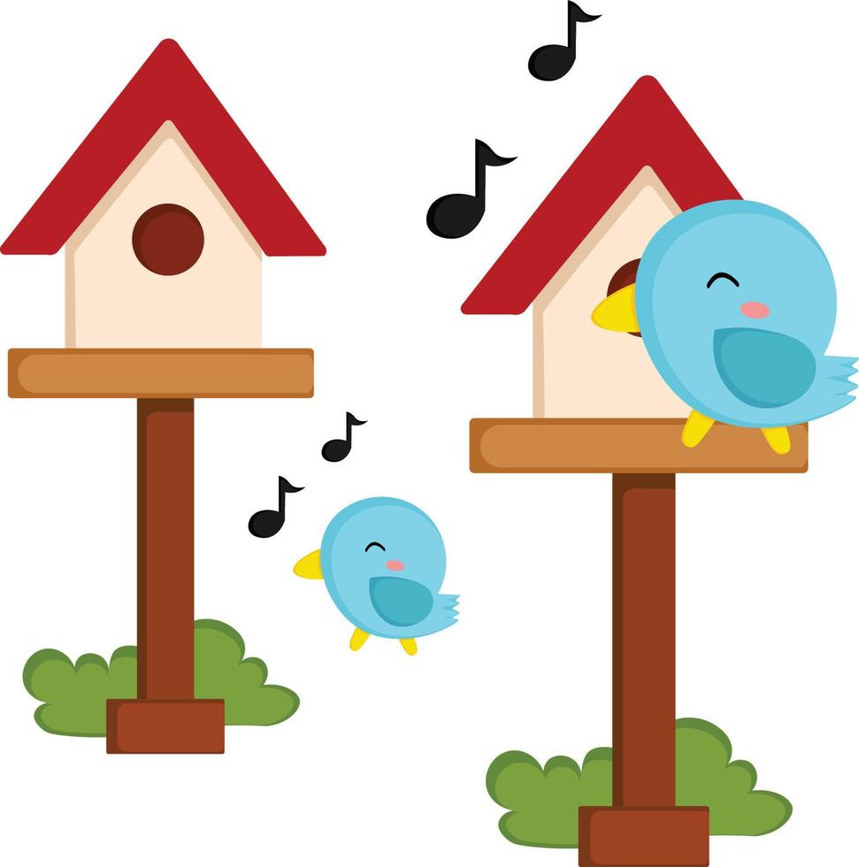 Happy singing bird in front of its bird house vector