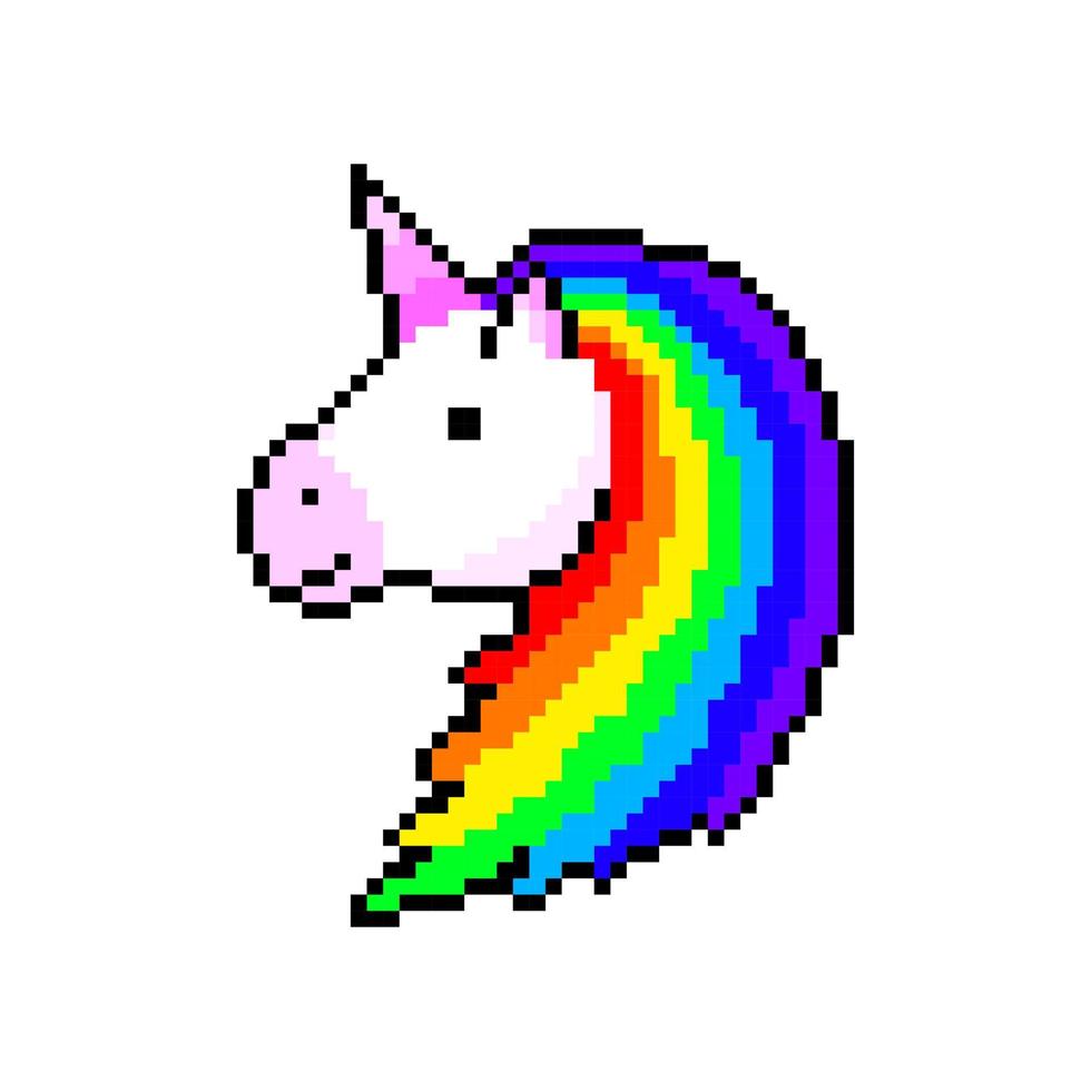 unicornio de píxeles. buen carácter mítico con cuerno rosa y lana lujosa de colores. lindo personaje mágico de cuentos de hadas con juego de vectores de 8 bits