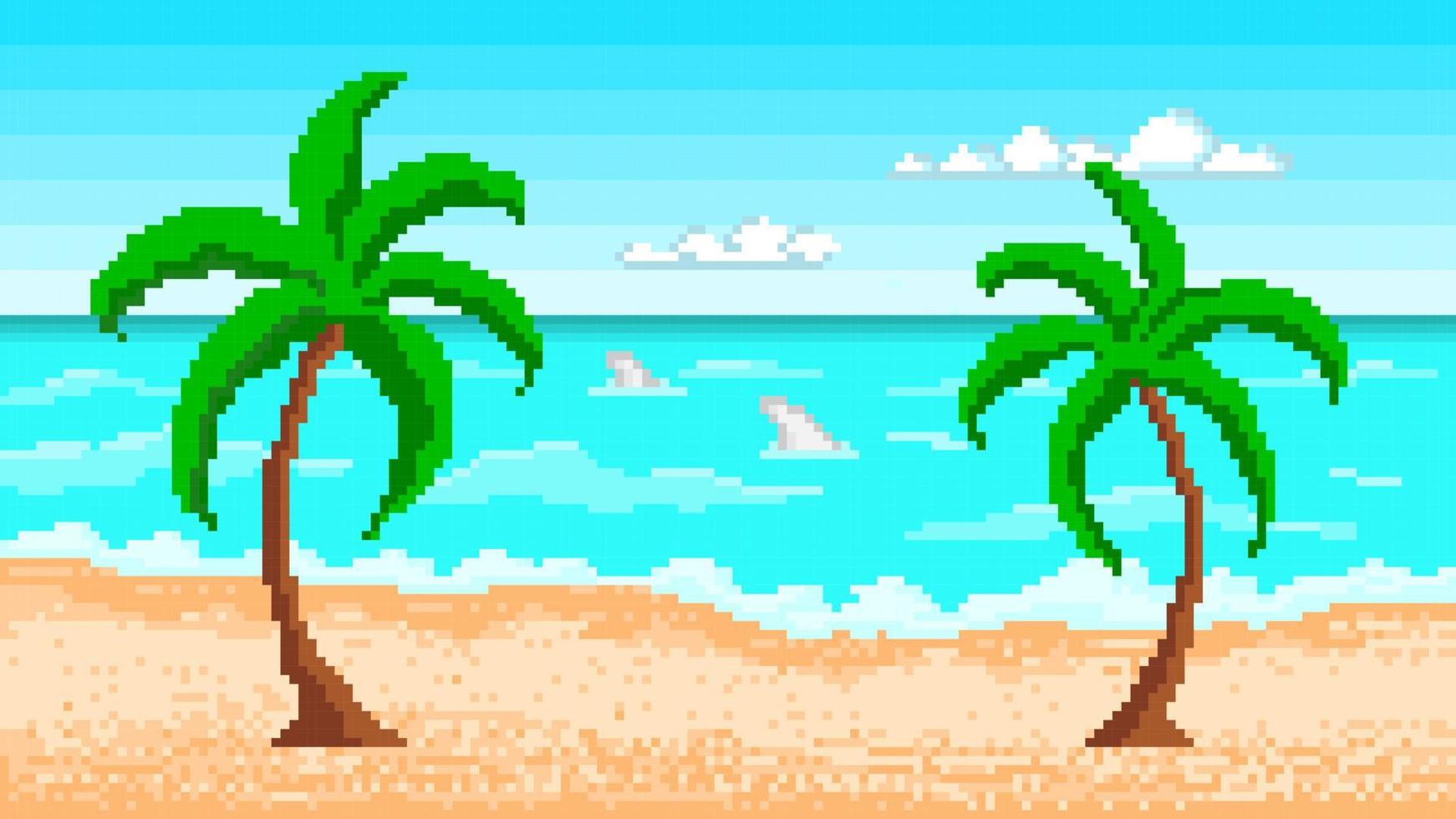 Tropical pixel beach with palm trees. Seascape with blue sky and clouds. White surf rolls on yellow hot sand and dolphins swim in shallow water. Colorful ocean coastline for vector vacation