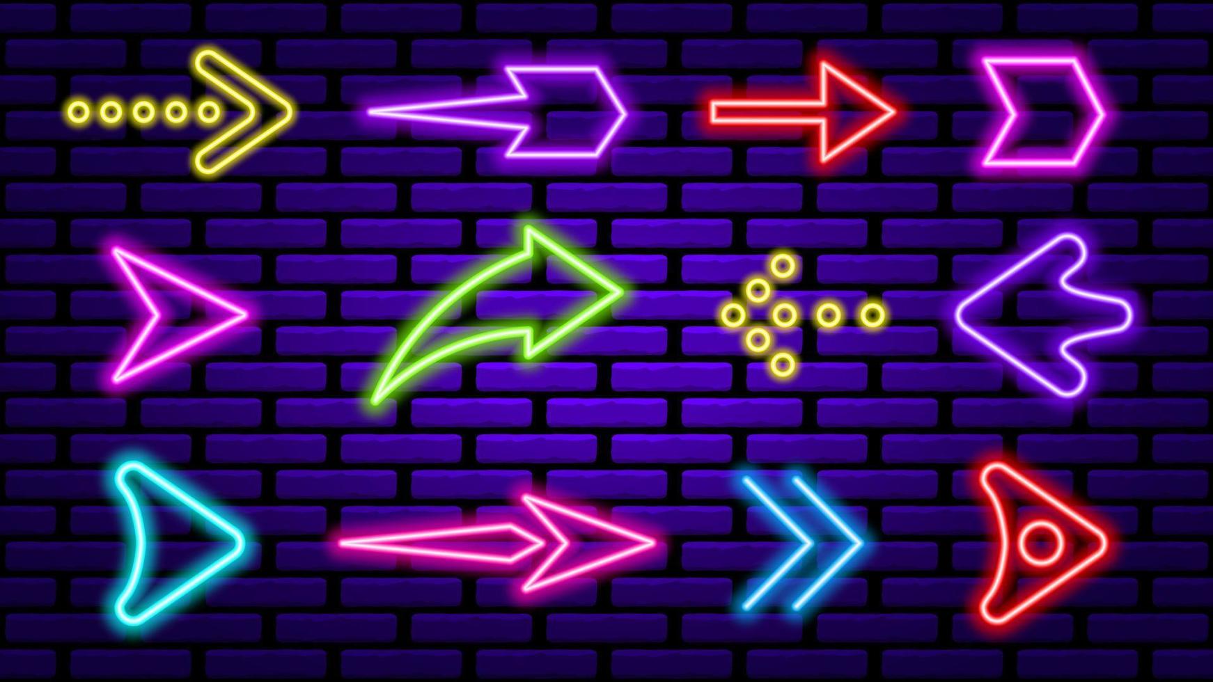 Neon glowing arrows on brick wall. Purple pointers with red and green illumination. Electric signs for night bars and casinos with colorful laser vector decoration