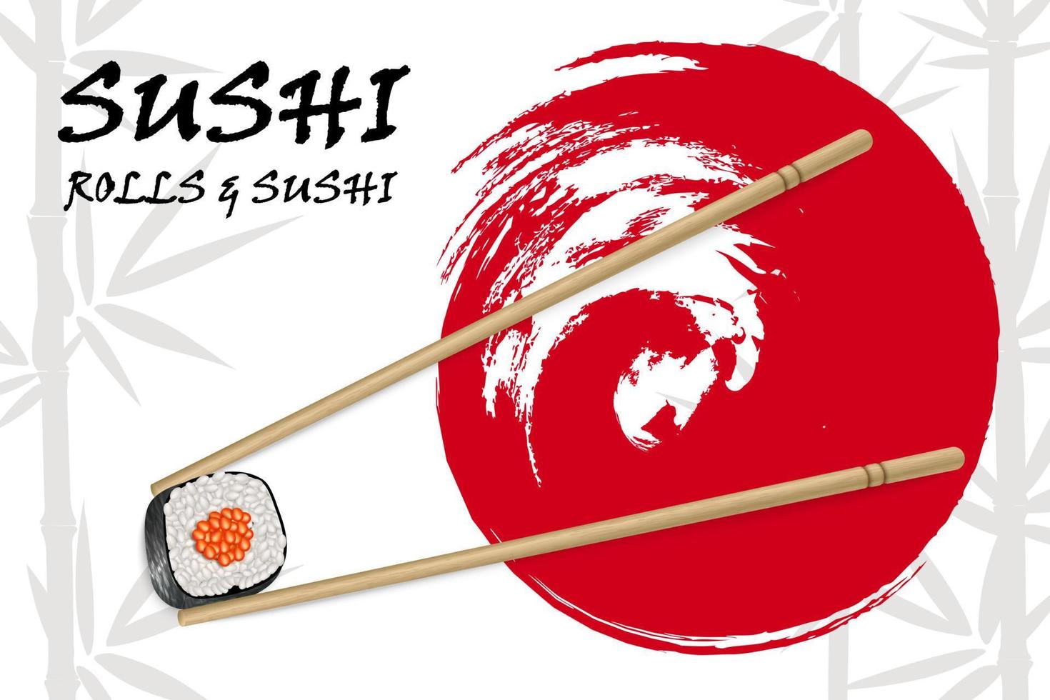 Vector realistic image of sushi with bamboo sticks on the background of bamboo and red circle brushstroke. Restaurant sushi menu background. Sushi advertisement