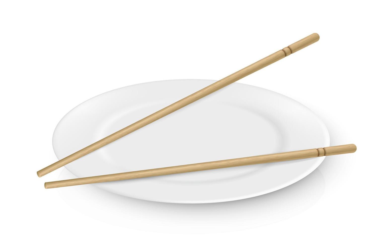 Vector realistic round white plate with bamboo sticks lying on it. Design decoration of East Asian cuisine