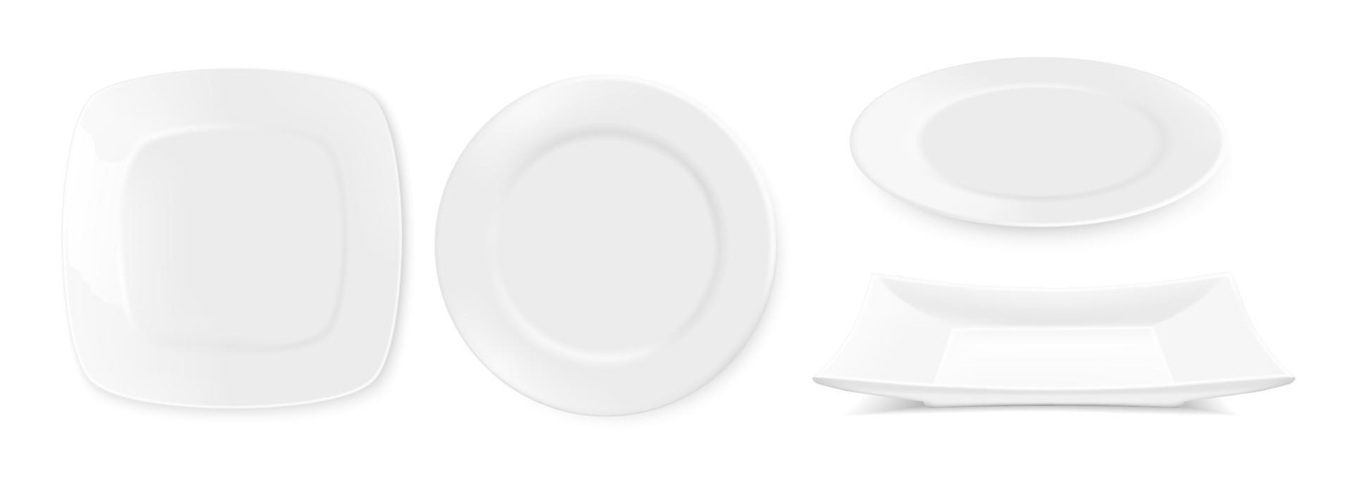 Realistic plates. White empty 3D dishes and bowls mockup, kitchen dining ceramic round tableware for food. Vector illustration isolated blank crockery set on transparent background