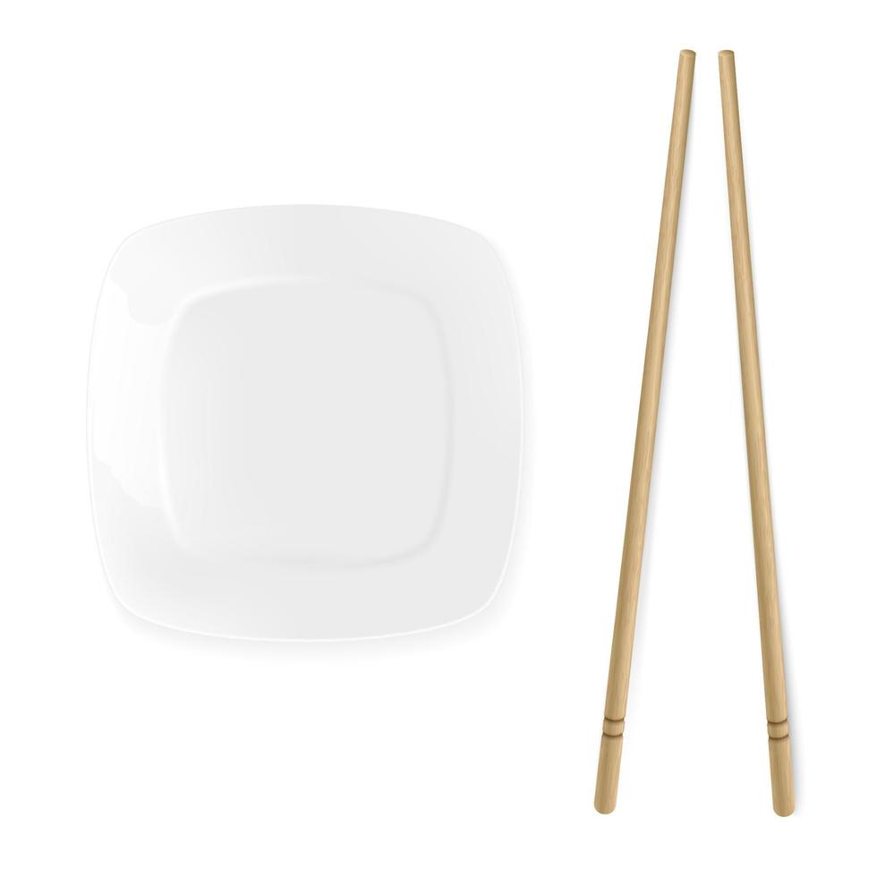 Empty square sushi plate, chopsticks. Porcelain utensils for sushi, traditional wooden chopsticks for asian food, japanese dishes restaurant isolated, 3d realistic vector illustration