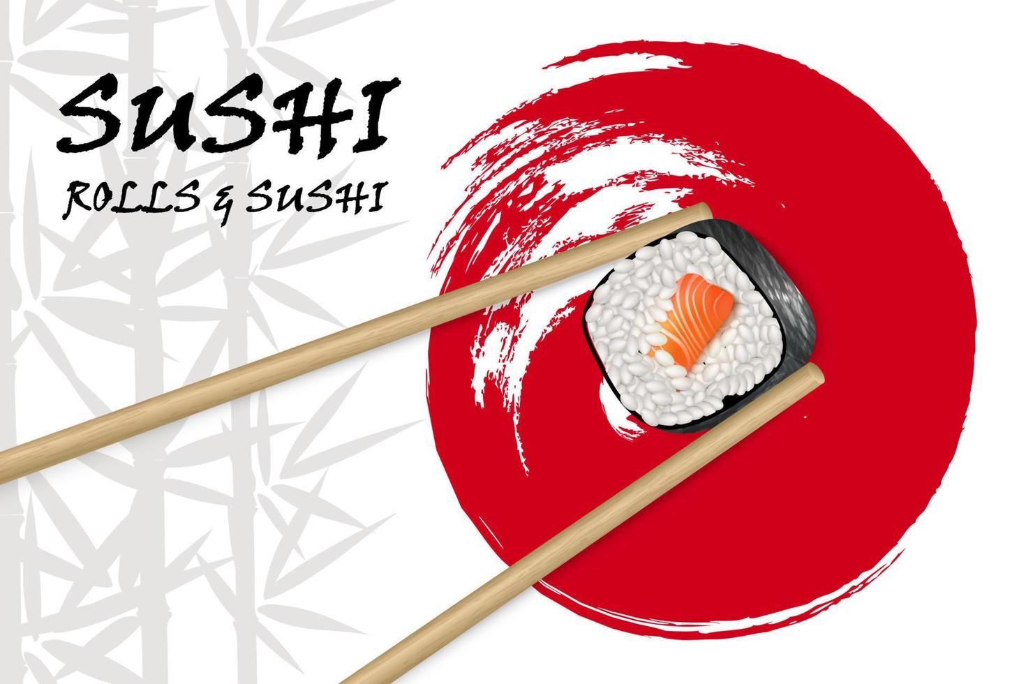 Vector realistic image of sushi with bamboo sticks on the background of bamboo and red circle brushstroke. Restaurant sushi menu background. Sushi advertisement