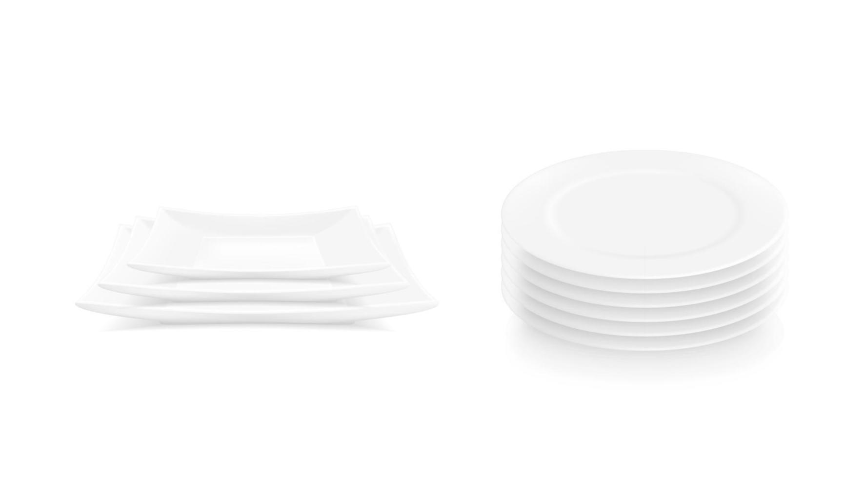 Vector realistic stacks of plates. White porcelain plates in stacks.
