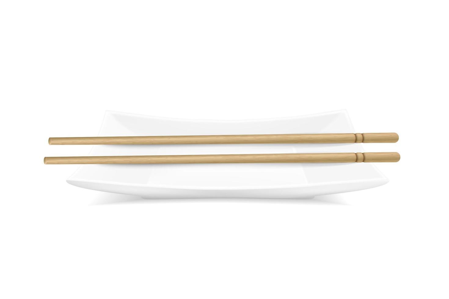 Vector realistic rectangular plate with bamboo sticks. Illustration of sushi table serving. View from the top