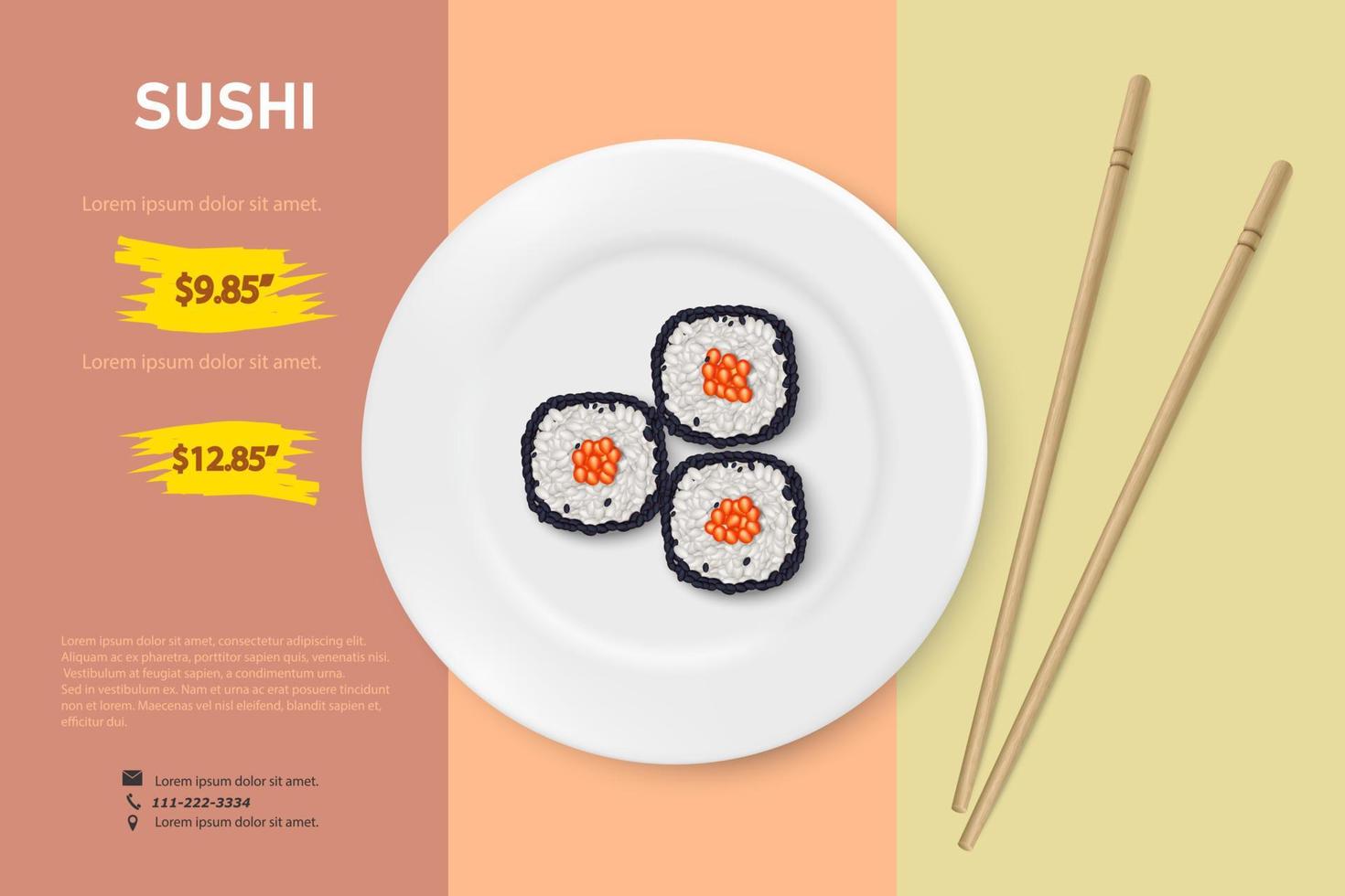 vector sushi realista en un plato de porcelana blanca con palos de bambú. conjunto de sushi ilustración de cartel promocional. vista desde arriba