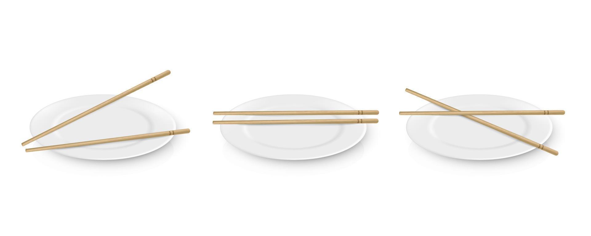 Vector realistic round shaped plates with bamboo sticks. Illustration of sushi table serving. Top view