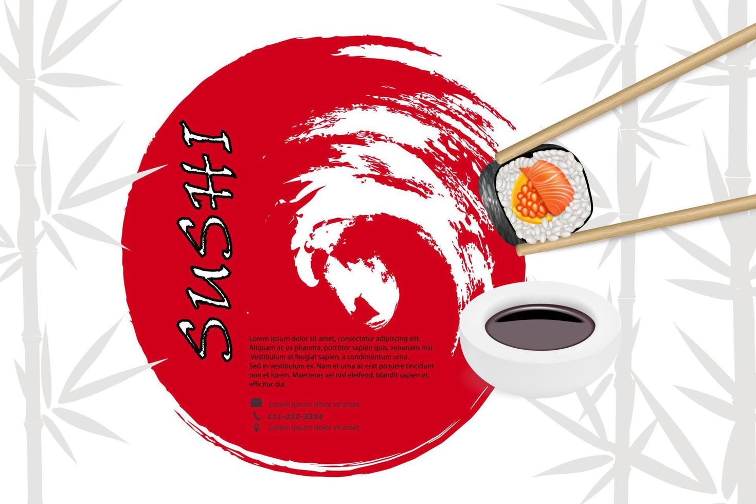 banner de sushi realista vectorial. sushi con palillos y salsa en el fondo de siluetas de bambú. diseño original de restaurante de sushi, café, señalización vector