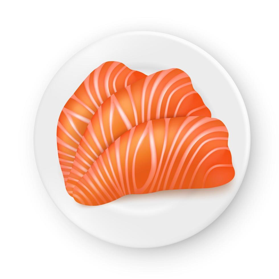 Vector realistic salmon wedges on a white porcelain plate. Seafood illustration. View from above