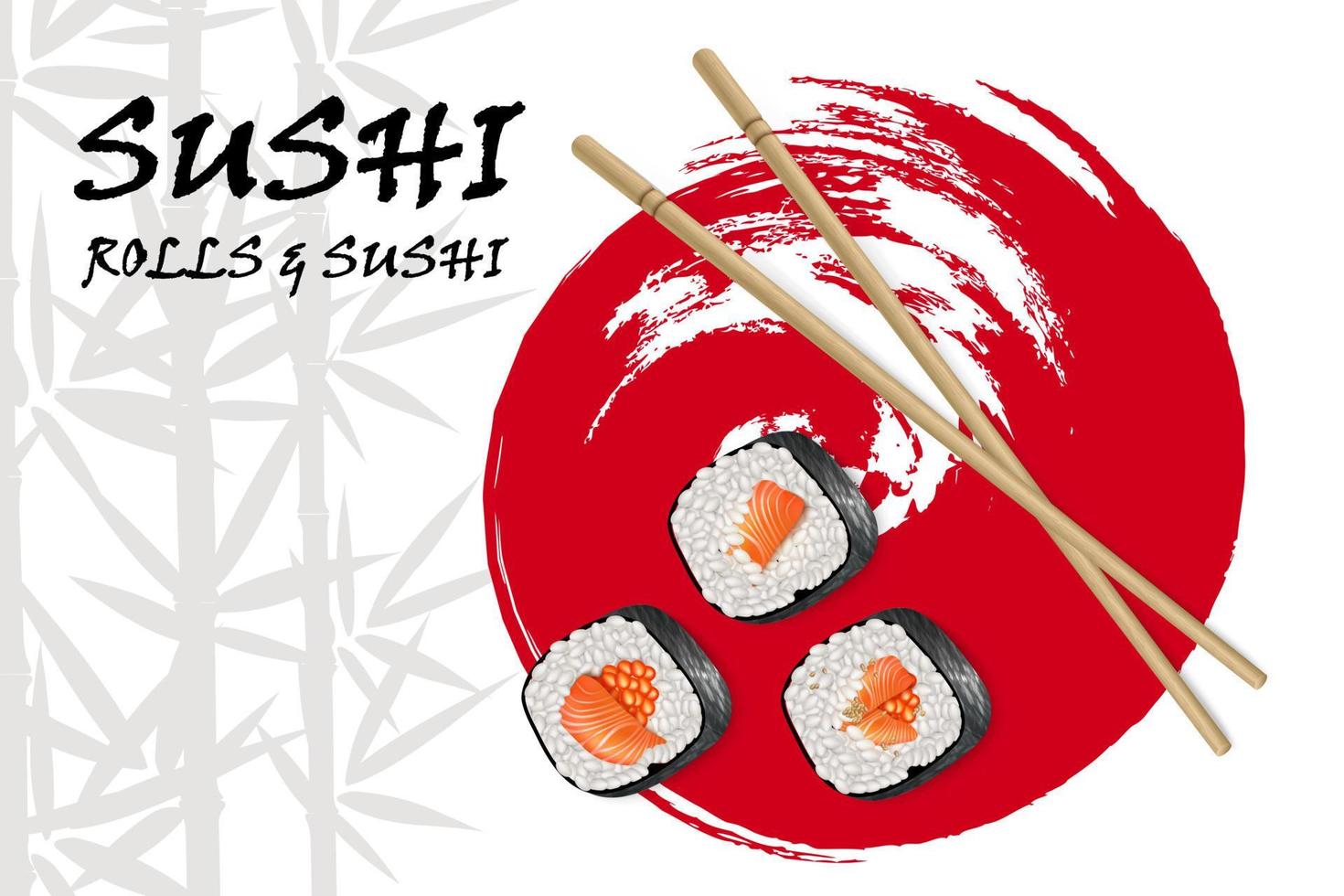 imagen vectorial realista de sushi con palos de bambú en el fondo de la pincelada de bambú y círculo rojo. fondo del menú de sushi del restaurante. anuncio de sushi vector