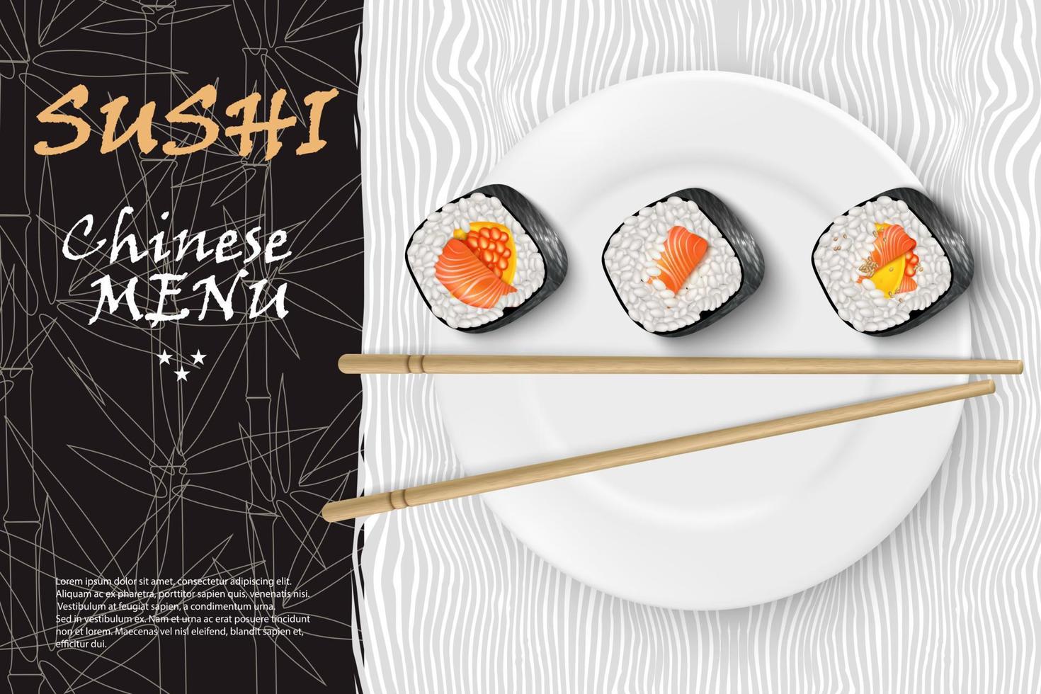 imagen vectorial realista de sushi en un plato blanco con palos de bambú. fondo del menú de sushi del restaurante. anuncio de sushi vector