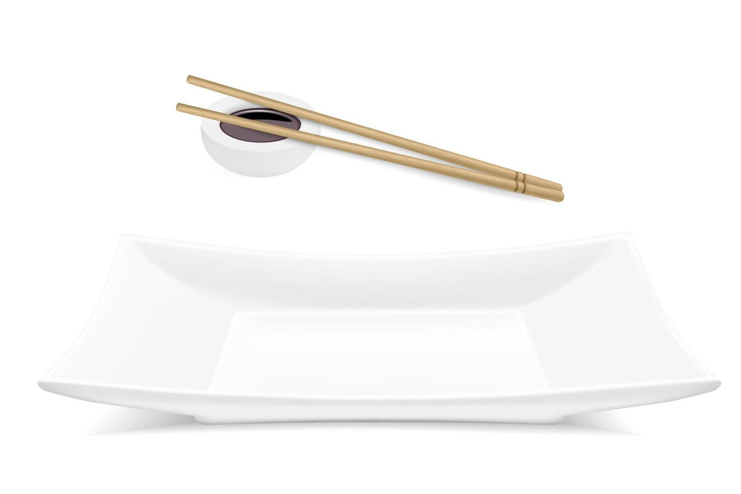 Vector realistic sushi items. Square porcelain plate with sauce and two wooden sticks