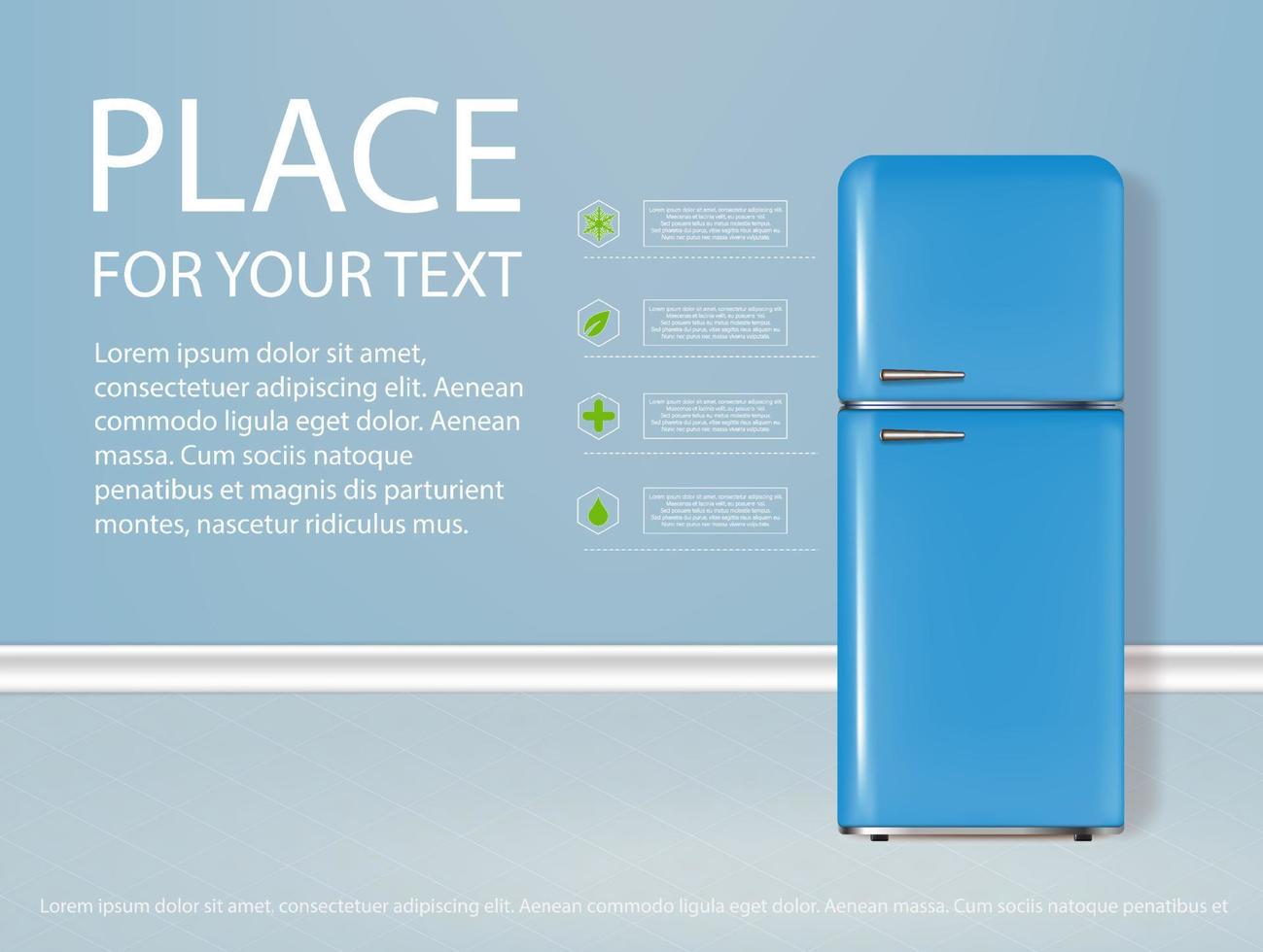 banner de refrigerador azul vintage 3d detallado realista. cartel publicitario con texto. ilustración vectorial de un refrigerador vector