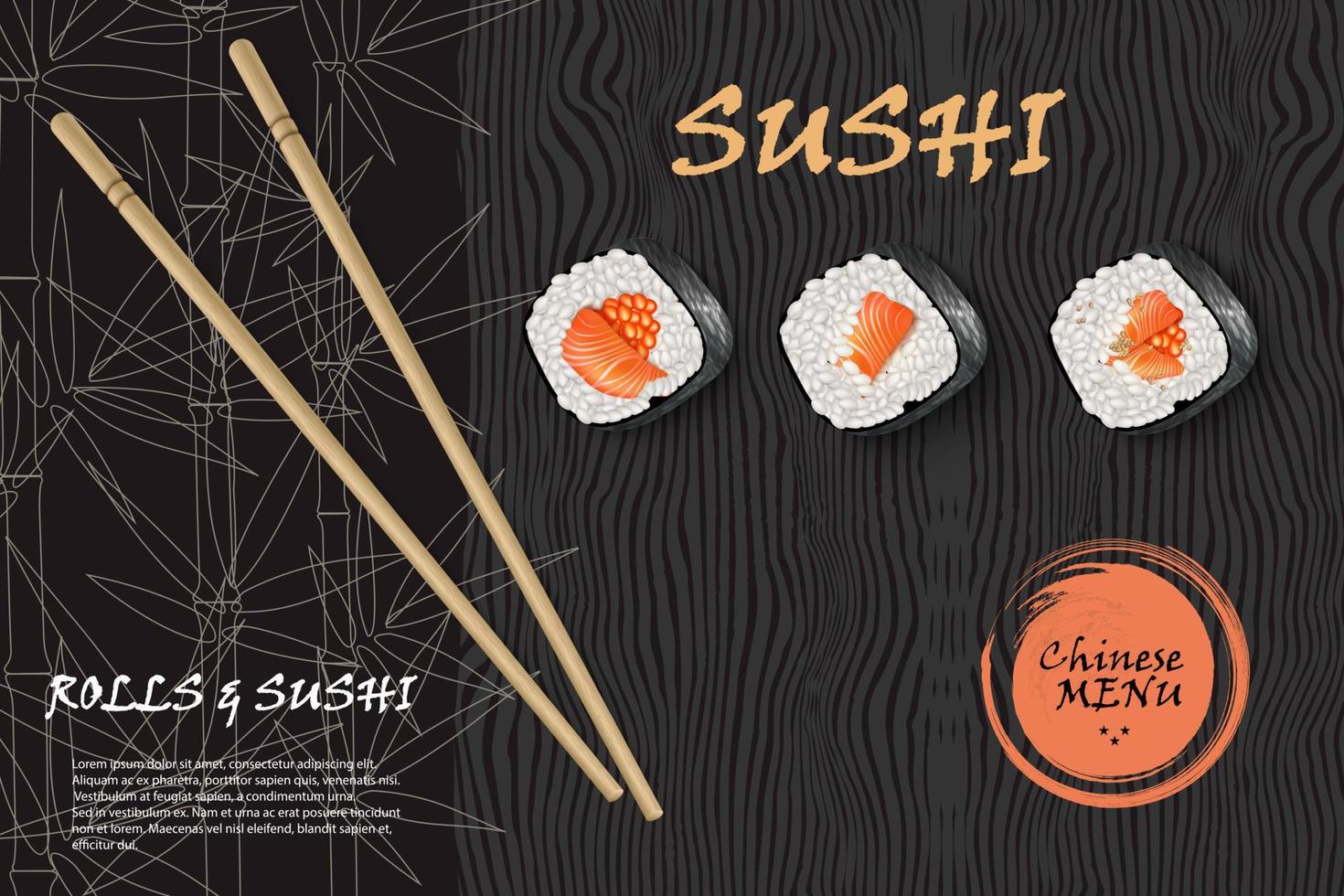 Vector realistic image of sushi on a white plate with bamboo sticks. Restaurant sushi menu background. Sushi advertisement