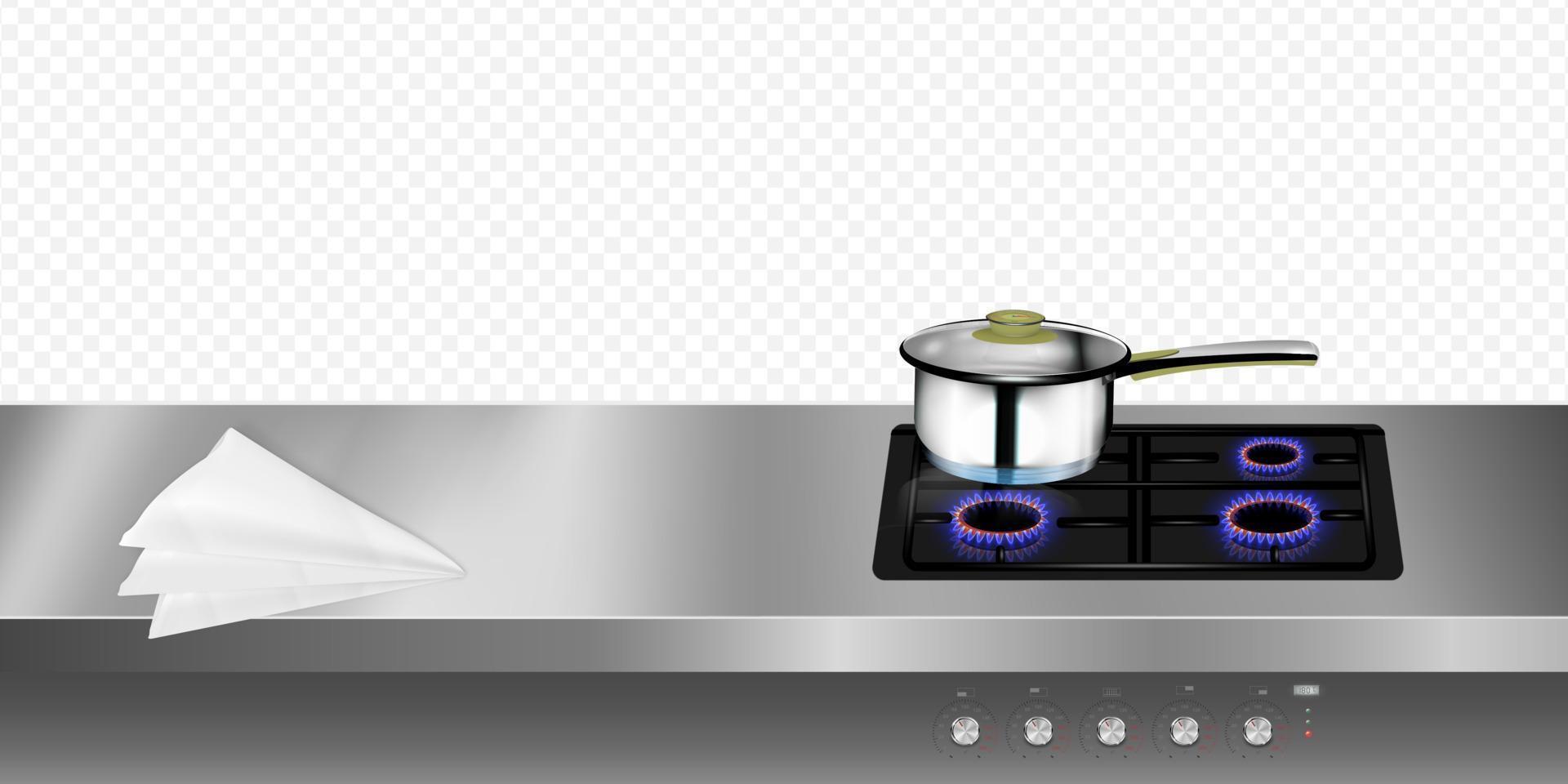 vista superior de la encimera de la cocina. vitrocerámica de gas vectorial, vitrocerámica negra sobre una mesa de acero vacía con un trapo. encimera de metal aislado con placa eléctrica borde 3d realista vector