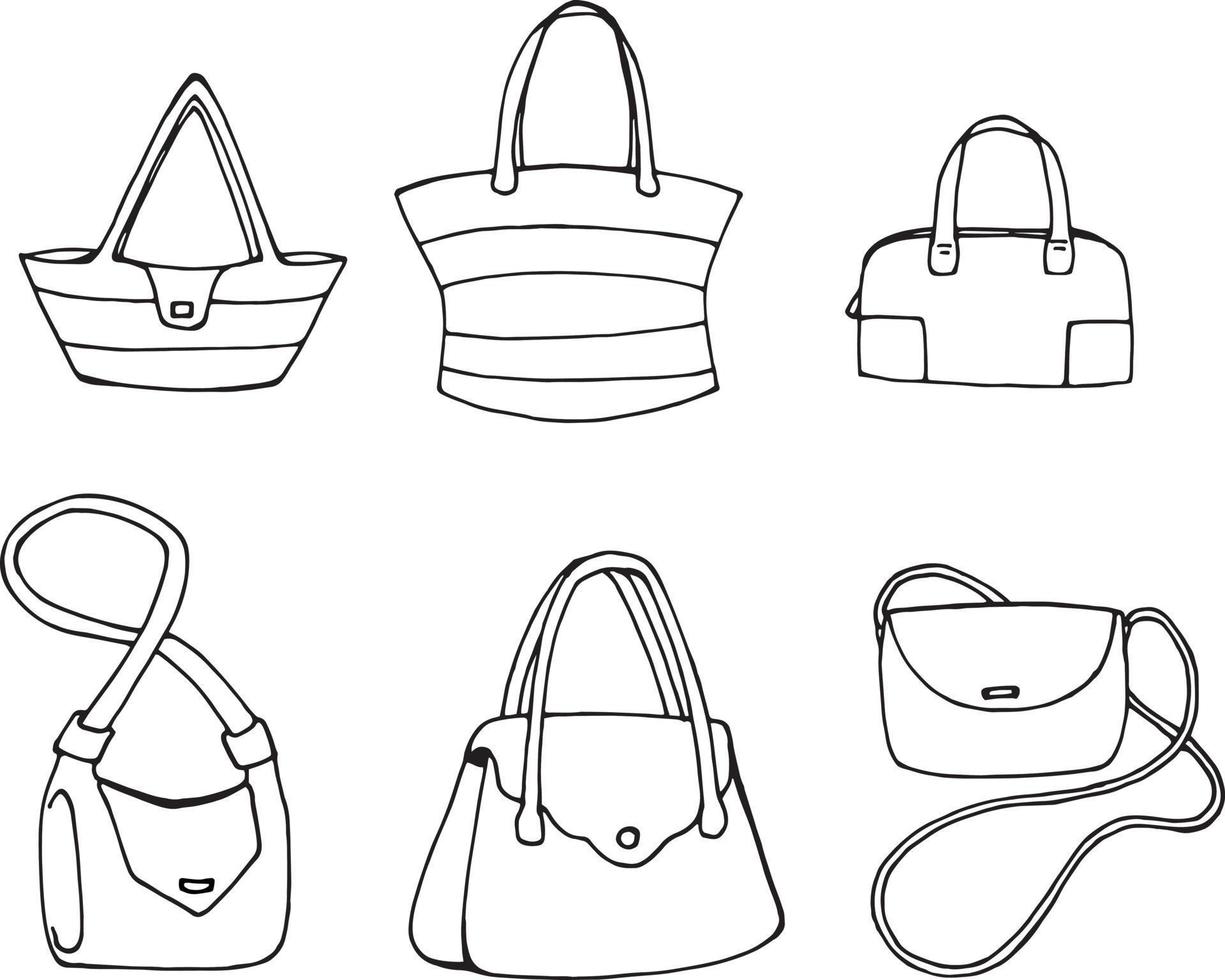 Set of six  women's bags on white background. Various handbags isolated on white vector