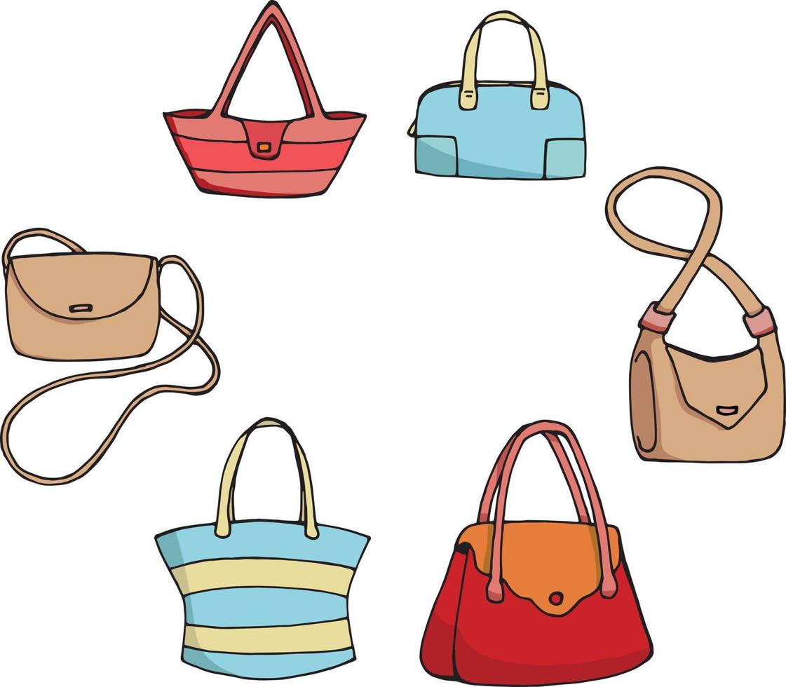 Set of six multi-colored women's bags on white background. Various handbags isolated on white vector