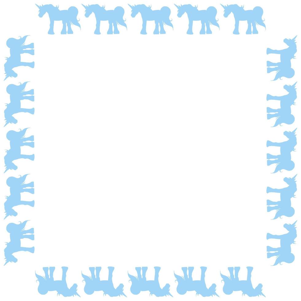 Square frame with interesting blue unicorn on white background. Vector image.