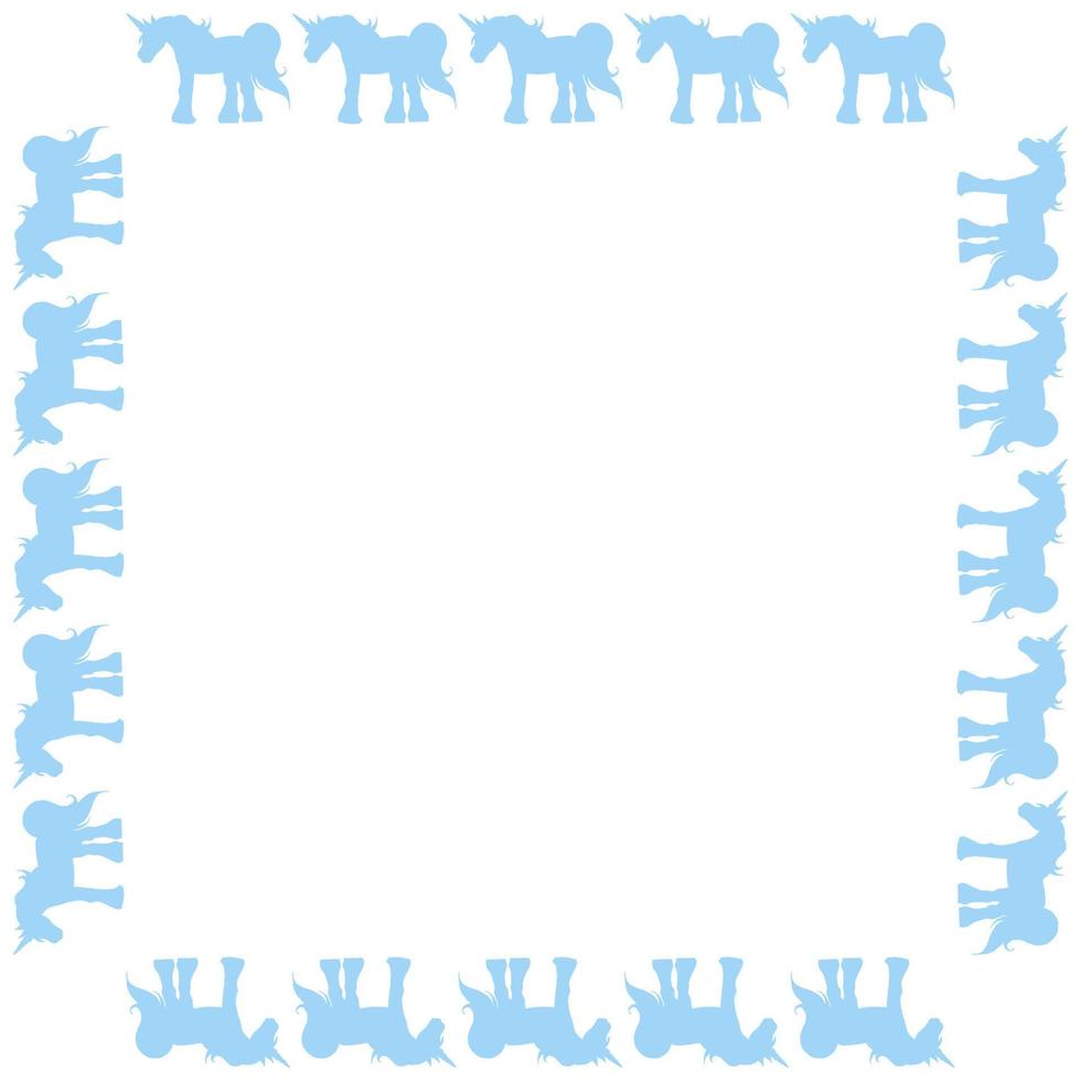 Square frame with interesting blue unicorn on white background. Vector image.