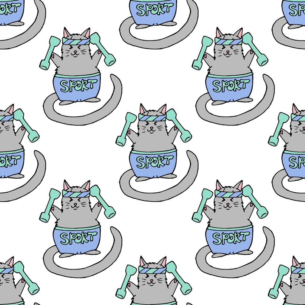 Seamless pattern with grey sport cat on white background for fabric, textile, clothes, tablecloth and other things. Vector image.