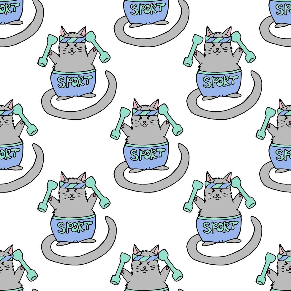 Seamless pattern with grey sport cat on white background for fabric, textile, clothes, tablecloth and other things. Vector image.