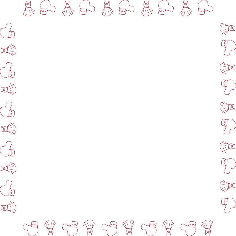 Square frame with red dresses and bags on white background. Vector image.