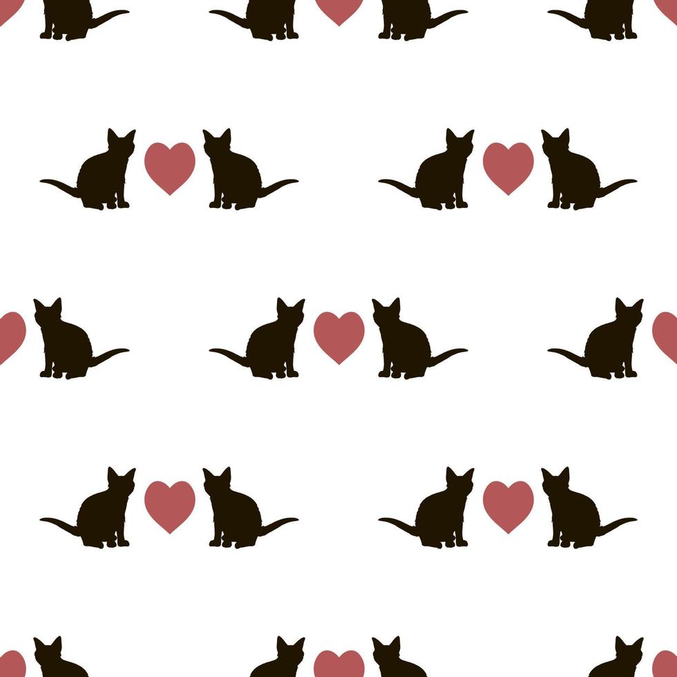 Seamless pattern  with black cats and red hearts on white background for fabric, textile, clothes, tablecloth and other things. Vector image.