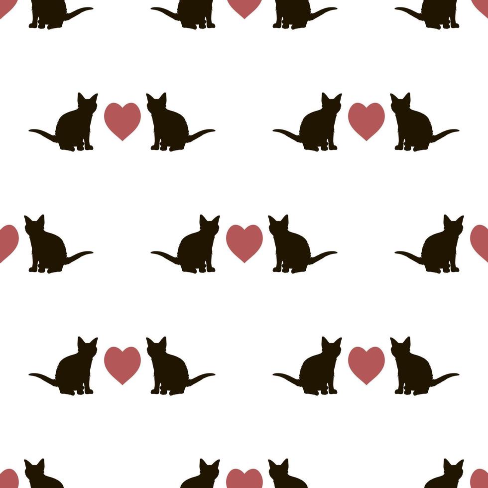 Seamless pattern  with black cats and red hearts on white background for fabric, textile, clothes, tablecloth and other things. Vector image.