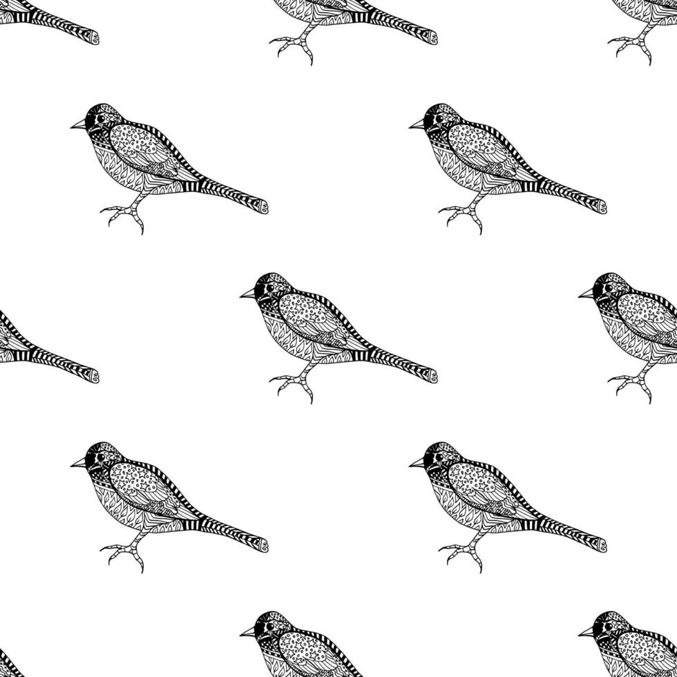 Seamless pattern with cute black-and-white bird on white background for coloring book, fabric, textile, clothes, tablecloth and other things. Vector image.
