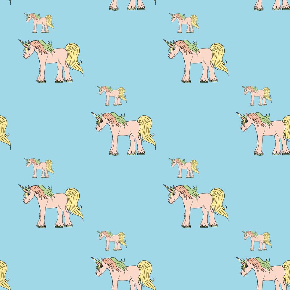 Seamless background with multicolored unicorns on blue background. Endless pattern for your design. Vector. vector