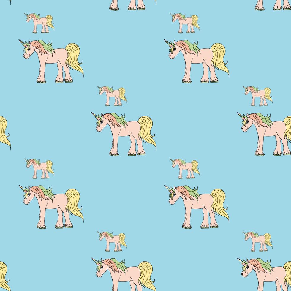 Seamless background with multicolored unicorns on blue background. Endless pattern for your design. Vector. vector