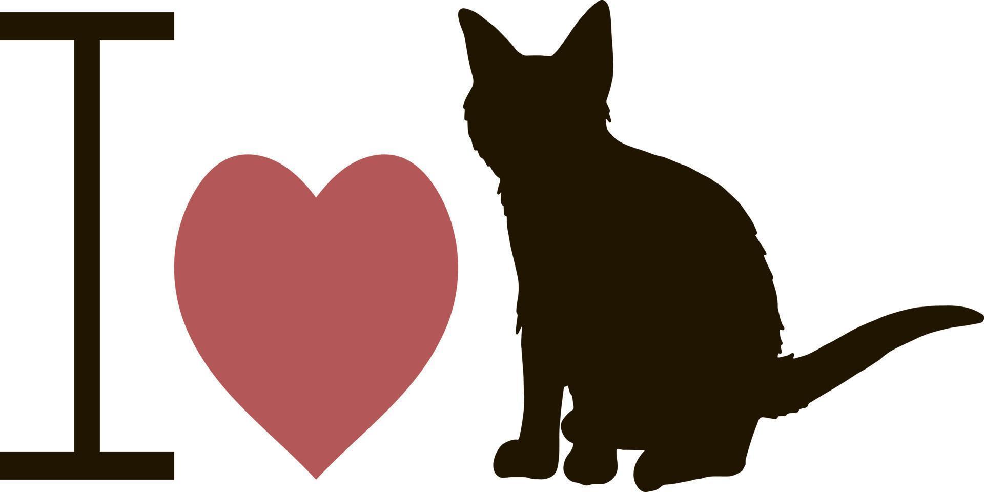 Black cat and red heart on white background. I love cats. Vector image.