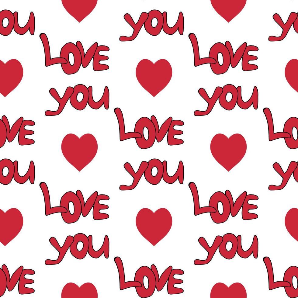 Seamless pattern with text LOVE YOU and hearts on white background. Vector image.
