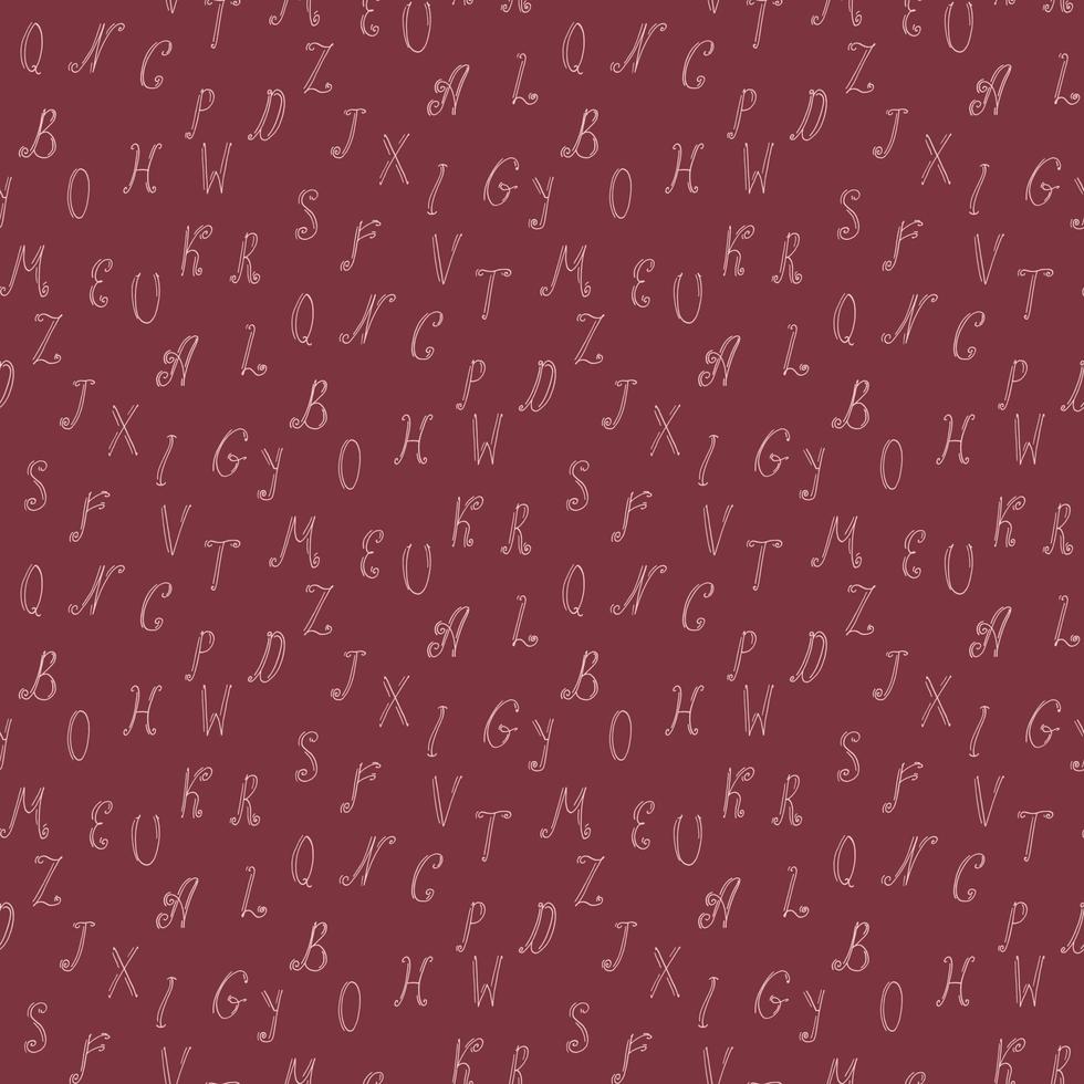 Seamless pattern with light pink letters of the English alphabet on dark red background for fabric, textile, clothes, blanket and other things. Vector image.