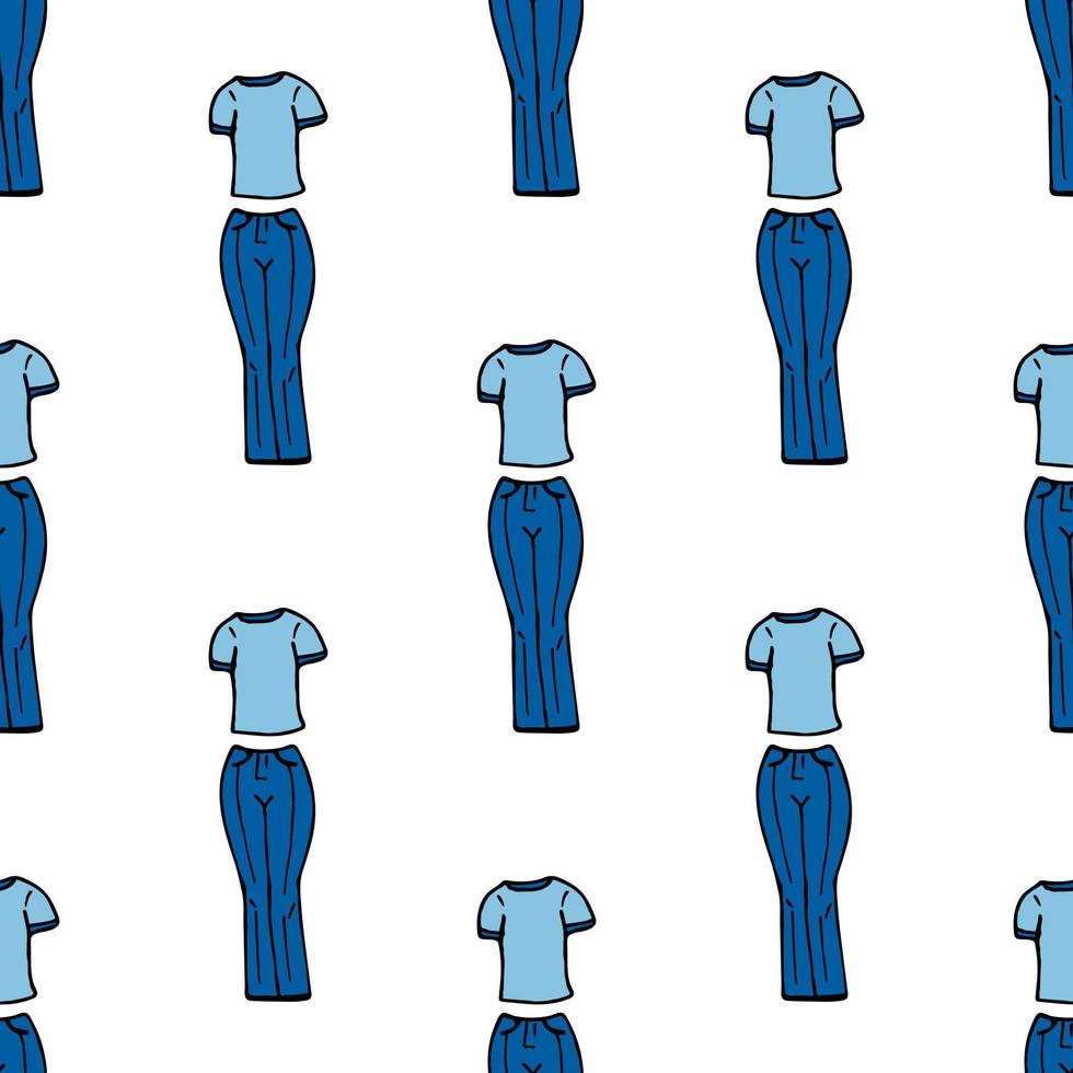 Seamless pattern with dark blue jeans and a blue t-shirt on white background. Vector image.