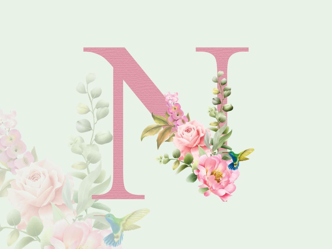 hermoso alfabeto n con ramo floral vector