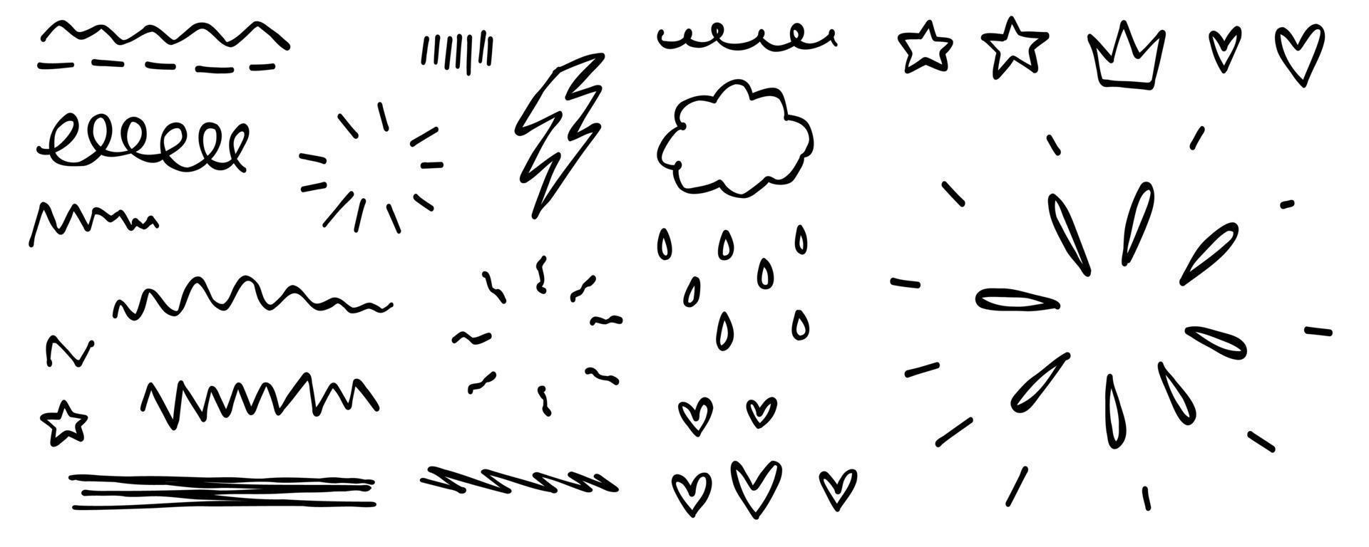 Doodle line hearts, crown, scribble. Sketch set cute isolated line collection for office, school. vector