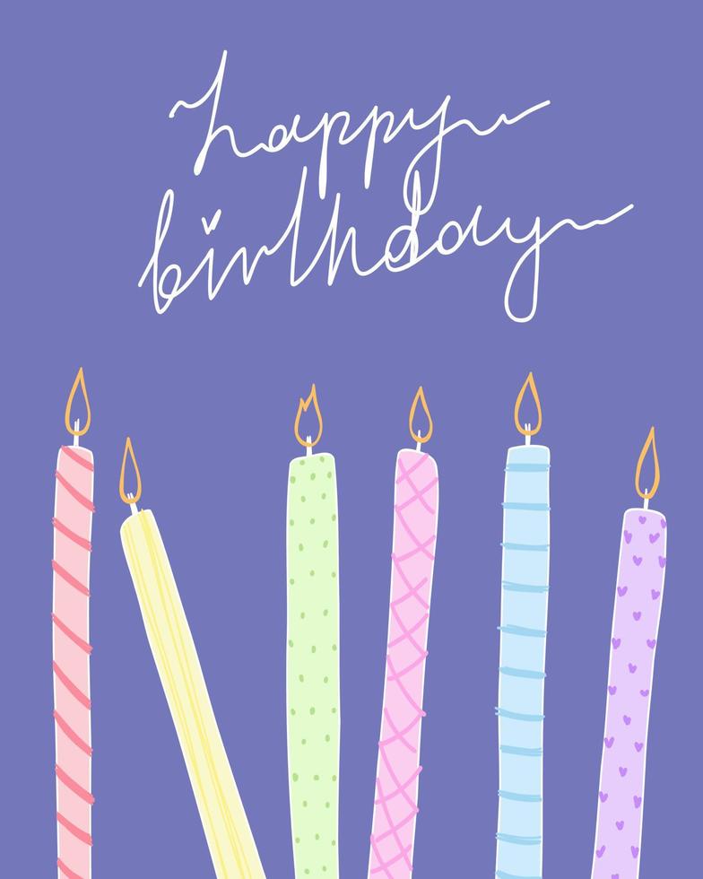 Cute cartoon hot candles. Happy birthday doodle text illustration with cake for baby. vector