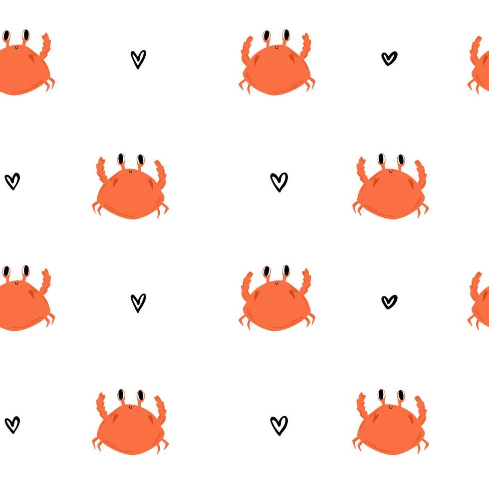 Cute crab, sea pattern white doodle. Seamless background ocean. Summer textiles for children. Minimalism paper scrapbook for kids, bathroom. vector