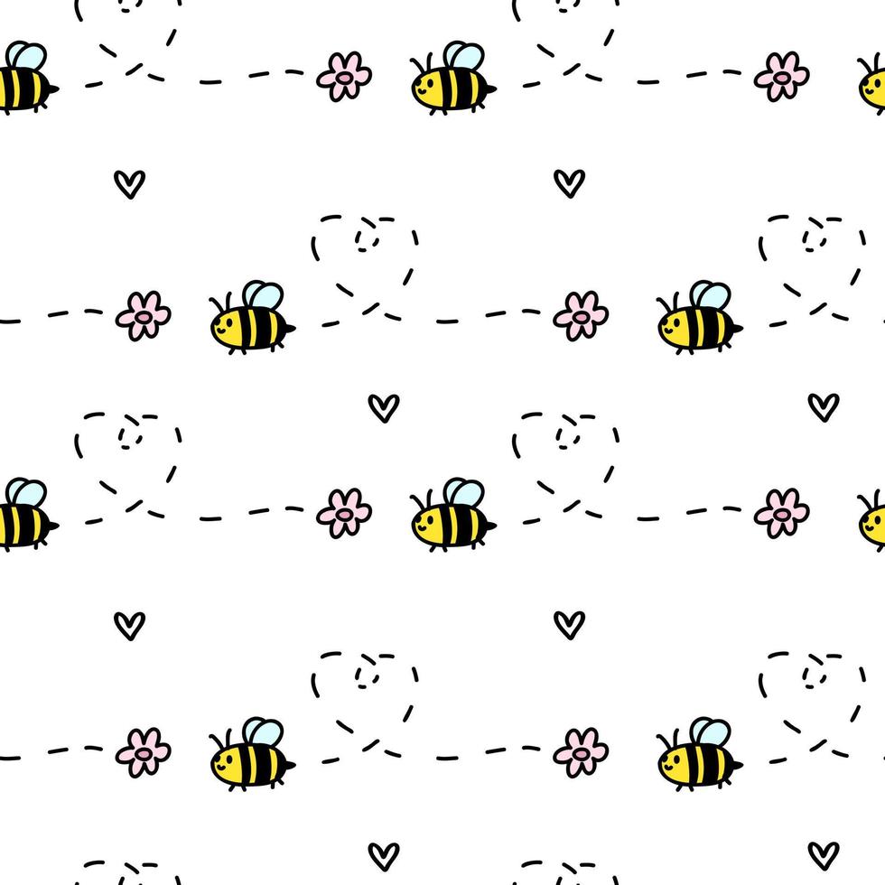 Cute doodle baby bee with hearts white seamless pattern minimalist hand drawn. Summer texture, insect textiles, children wallpaper. Valentine's day. vector