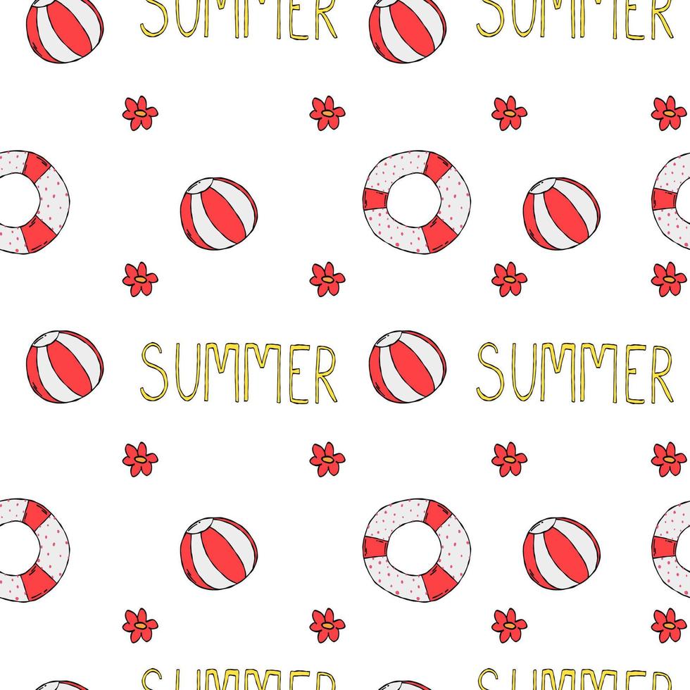 Hand drawn summer seamless pattern with flowers, ball, lifeline doodle. Cute vector for paper, fabric, children.