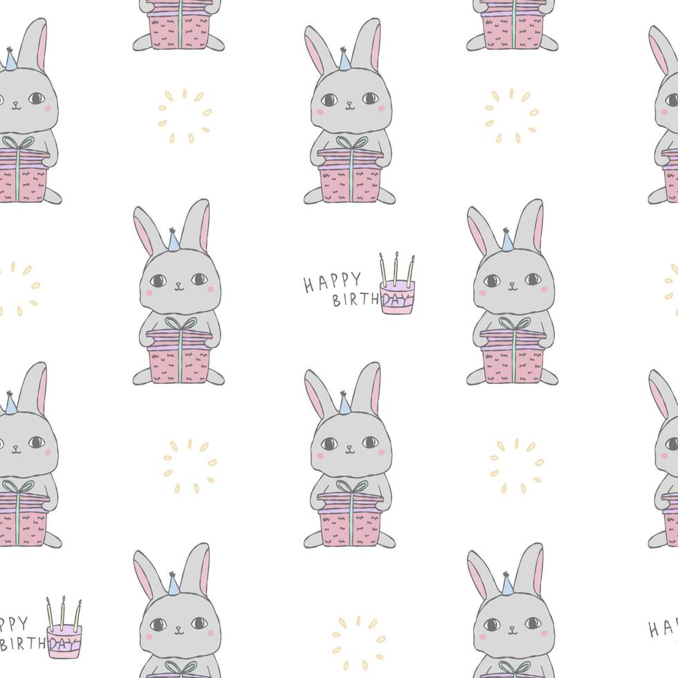 Linda mascota de dibujos animados, patrón de conejo blanco. texto de conejito de feliz cumpleaños. ilustración de garabato animal con regalo para bebé. vector