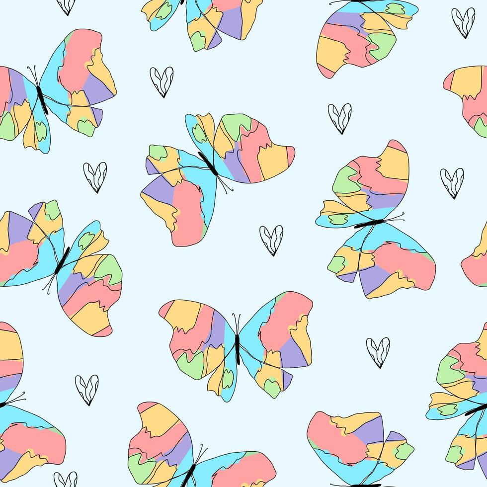 doodle línea rosa, naranja, púrpura, verde mariposas patrón azul lindo minimalista sin costuras para niños. vector