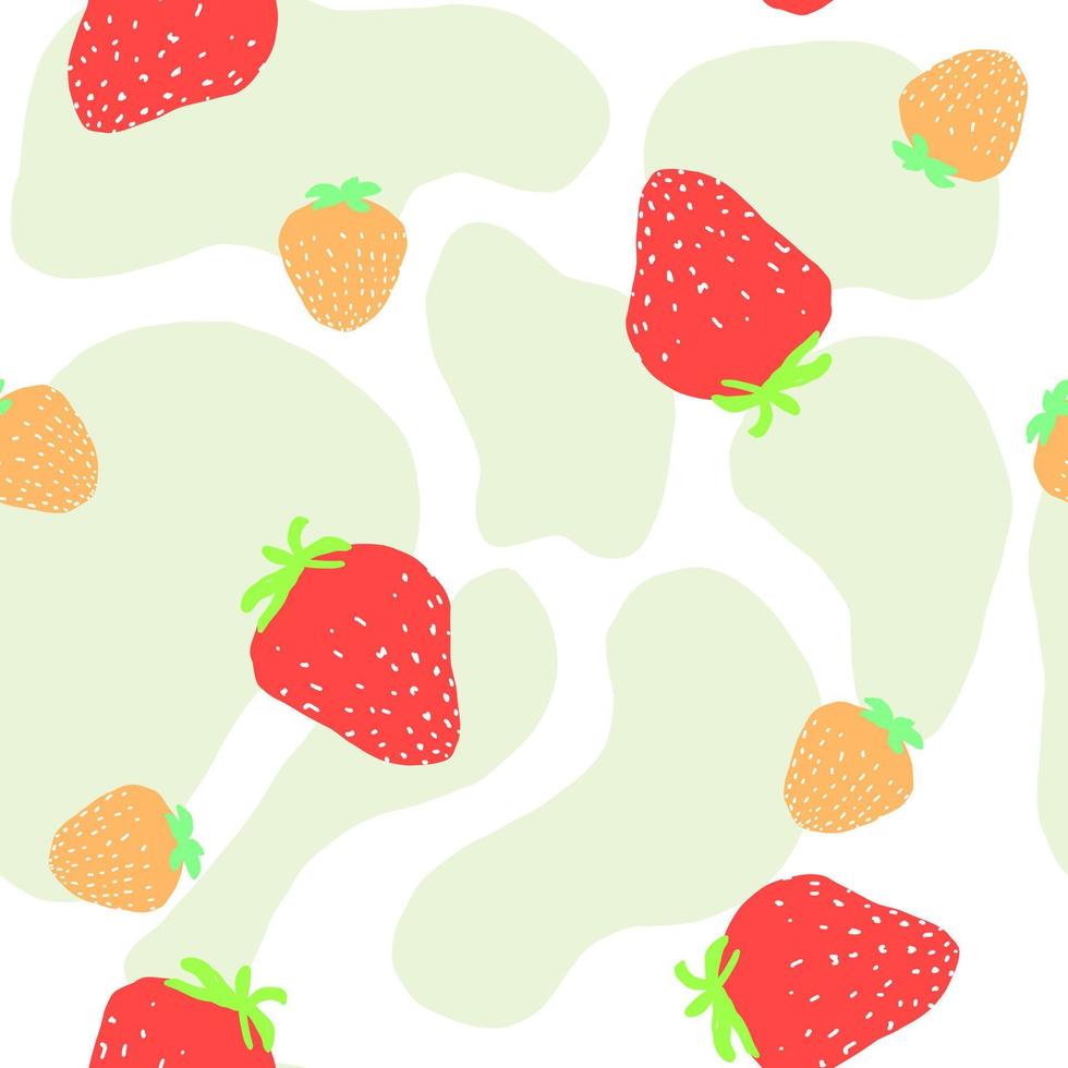 Hand drawn cute doodle strawberry white seamless  pattern. Red berry paper green abstract. vector