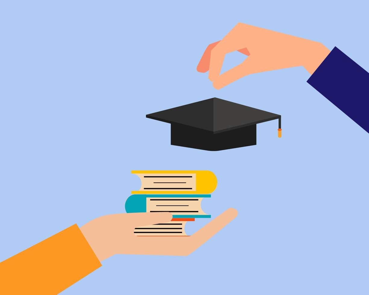 Education concept. There are two hansd with graduate cap, many books in cartoon vector style for your design.