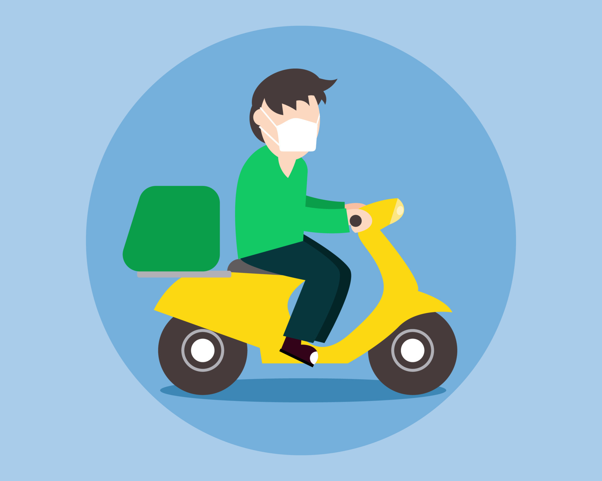 Covid-19 crisis. Delivery man wear face mask and send order with motorbike.  Cartoon vector style for your design 7875372 Vector Art at Vecteezy