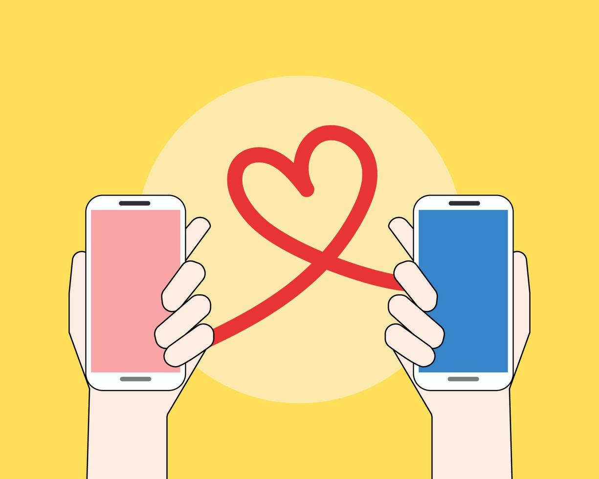 Love concept. Two hands holding the smartphones screens, virtual relationship chat concept. Cute cartoon vector design