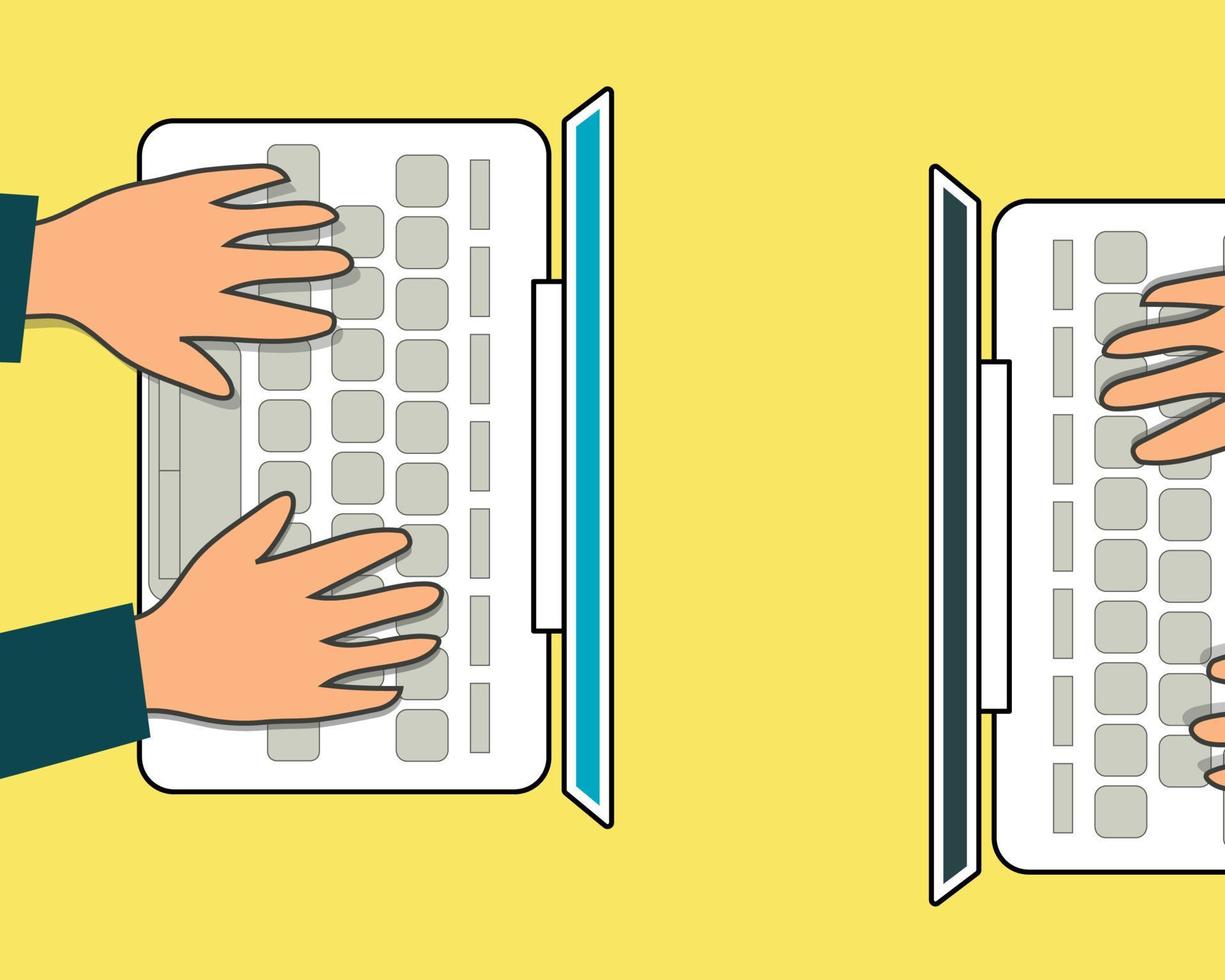 Two men use laptop computer from above. Cartoon vector style for your design.